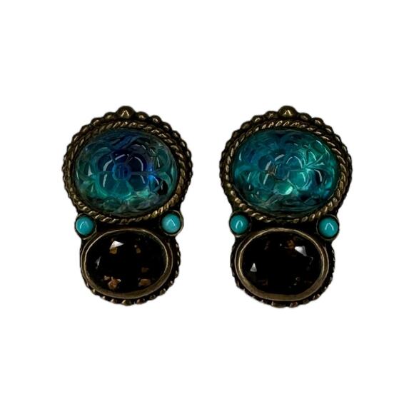 Stephen Dweck Clip On Earring Vintage Carved Smoky Quartz Turquoise Blue Crystal - Picture 2 of 11